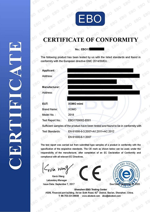 EBO億博檢測(cè)CE證書(shū)樣本